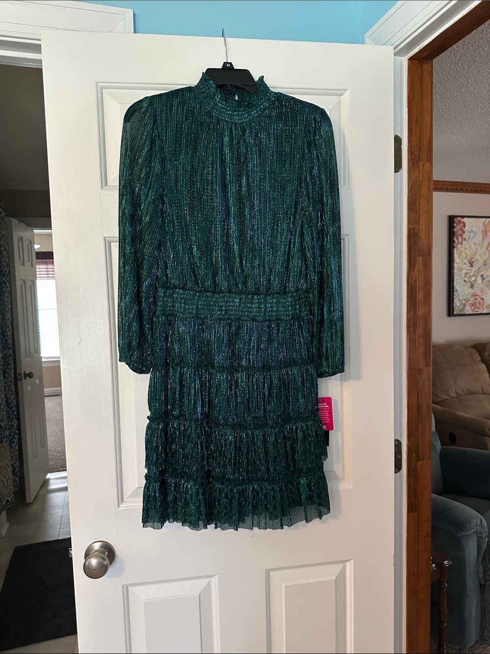 Green Metallic Long-Sleeve Tiered Mini Dress